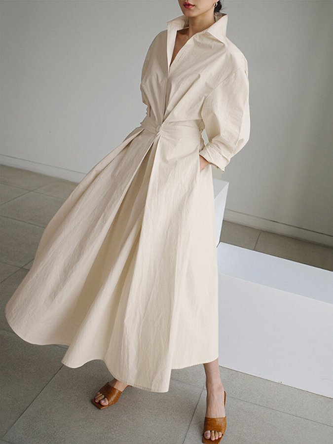 Women's Shirt Dress - Cotton Blend - Long Sleeve - Button Front - Cinched Waist Elegant Fit