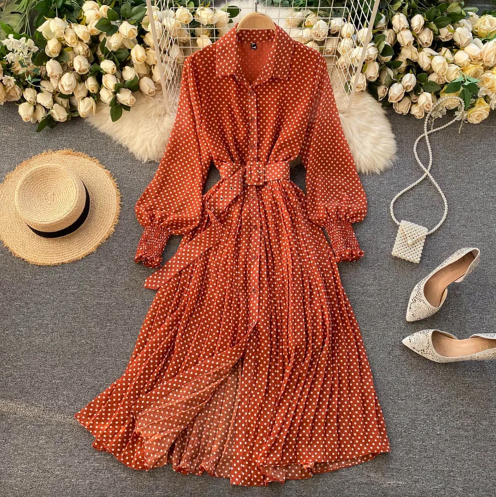 Women's Long Dress - Polka Dot Pattern - Belted Waist - Button-Up - Layered Skirt