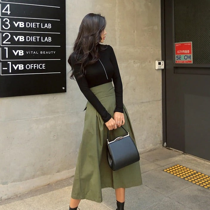 Women’s Midi Skirt – High Waisted – A-Line Silhouette – Flowing Breathable Blend