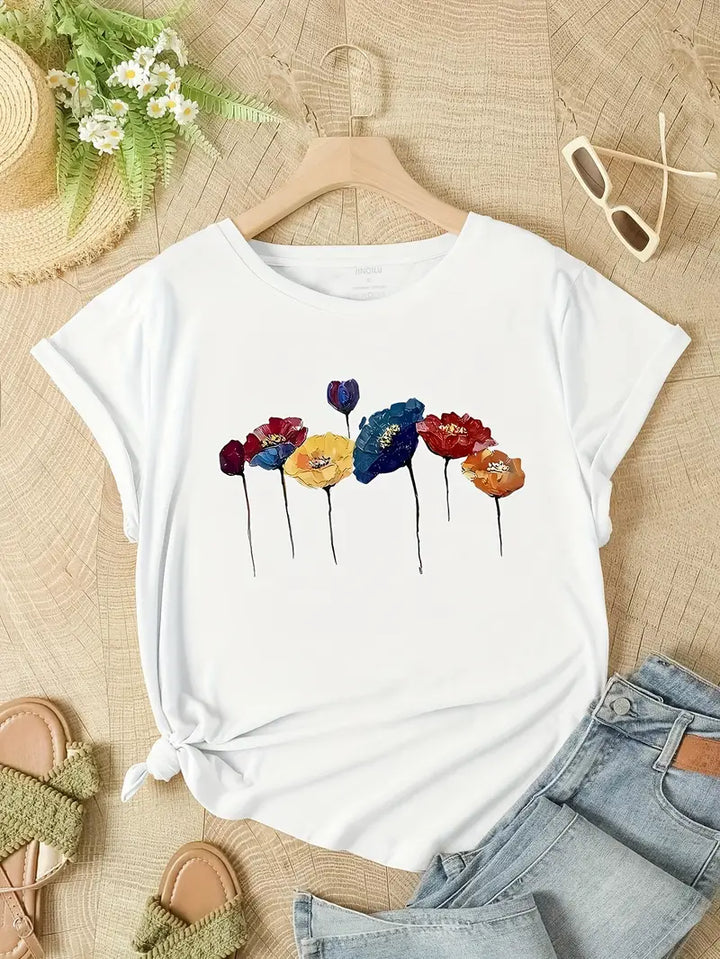 Women’s T-Shirt – Relaxed Fit – Soft Knit – Short Sleeve – Floral Print Casual Style