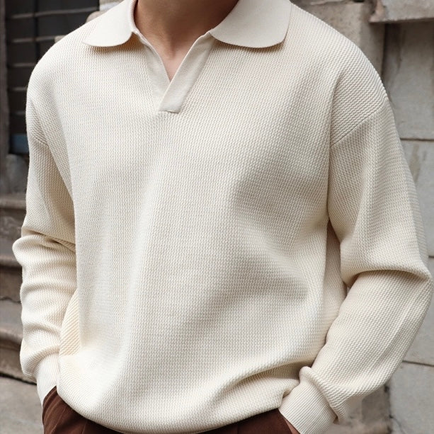 Men’s Knit Pullover Top – Relaxed Fit – Waffle Texture – Buttonless V-Collar – Long Sleeve