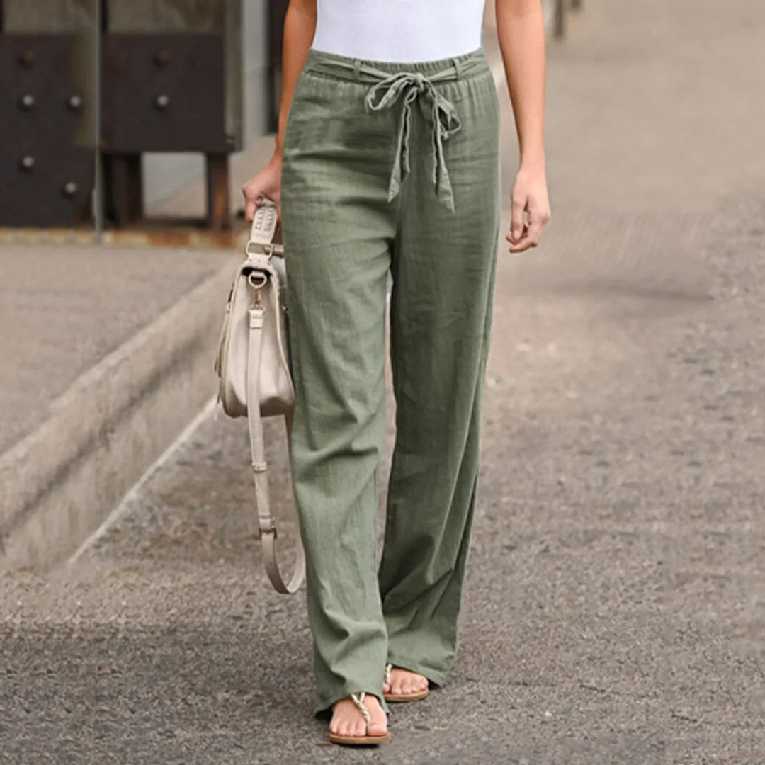 Women’s Wide-Leg Trousers – High Waist – Breathable Blend – Fabric Belt – Full Length
