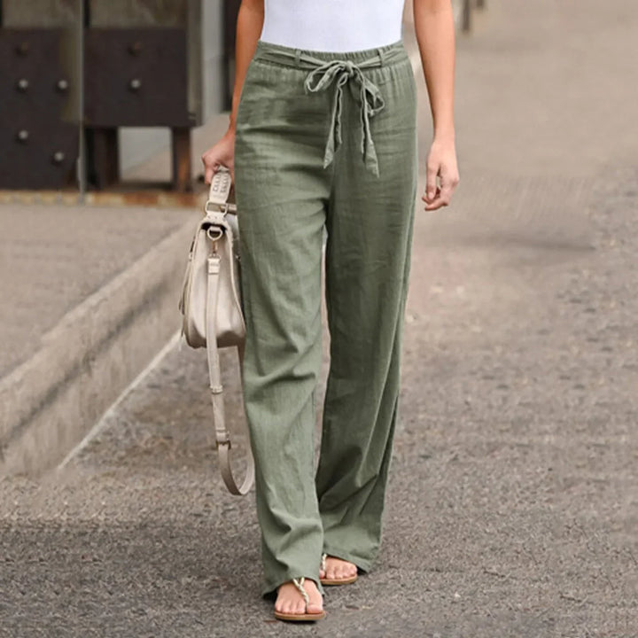 Women’s Wide-Leg Trousers – High Waist – Breathable Blend – Fabric Belt – Full Length
