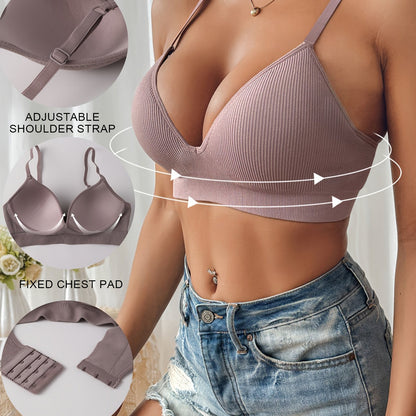 Women’s Push-Up Bra – Slim Fit – Ribbed Texture – Plunge Neckline – Breathable Blend