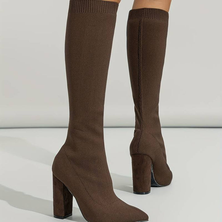 Women’s Knee-High Sock Boots – Slim Fit – Stretch Knit – Pointed Toe – Block Heel