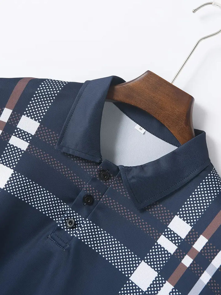 Men's Polo Shirt - Plaid Pattern - Slim Fit - Short Sleeve Button-Down Collar