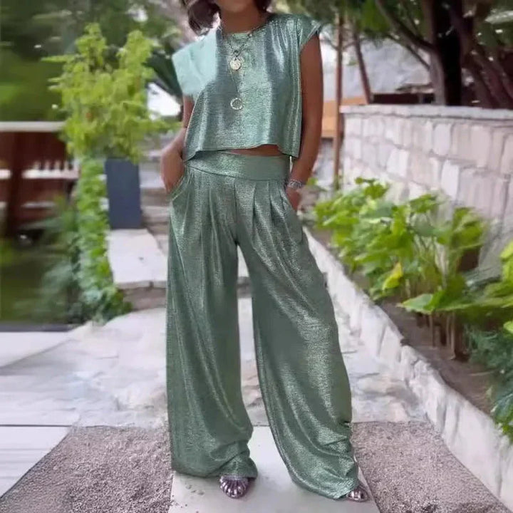 Women’s Two-Piece Set – Sleeveless Crop Top – Wide-Leg High-Waist Pants – Silk Look