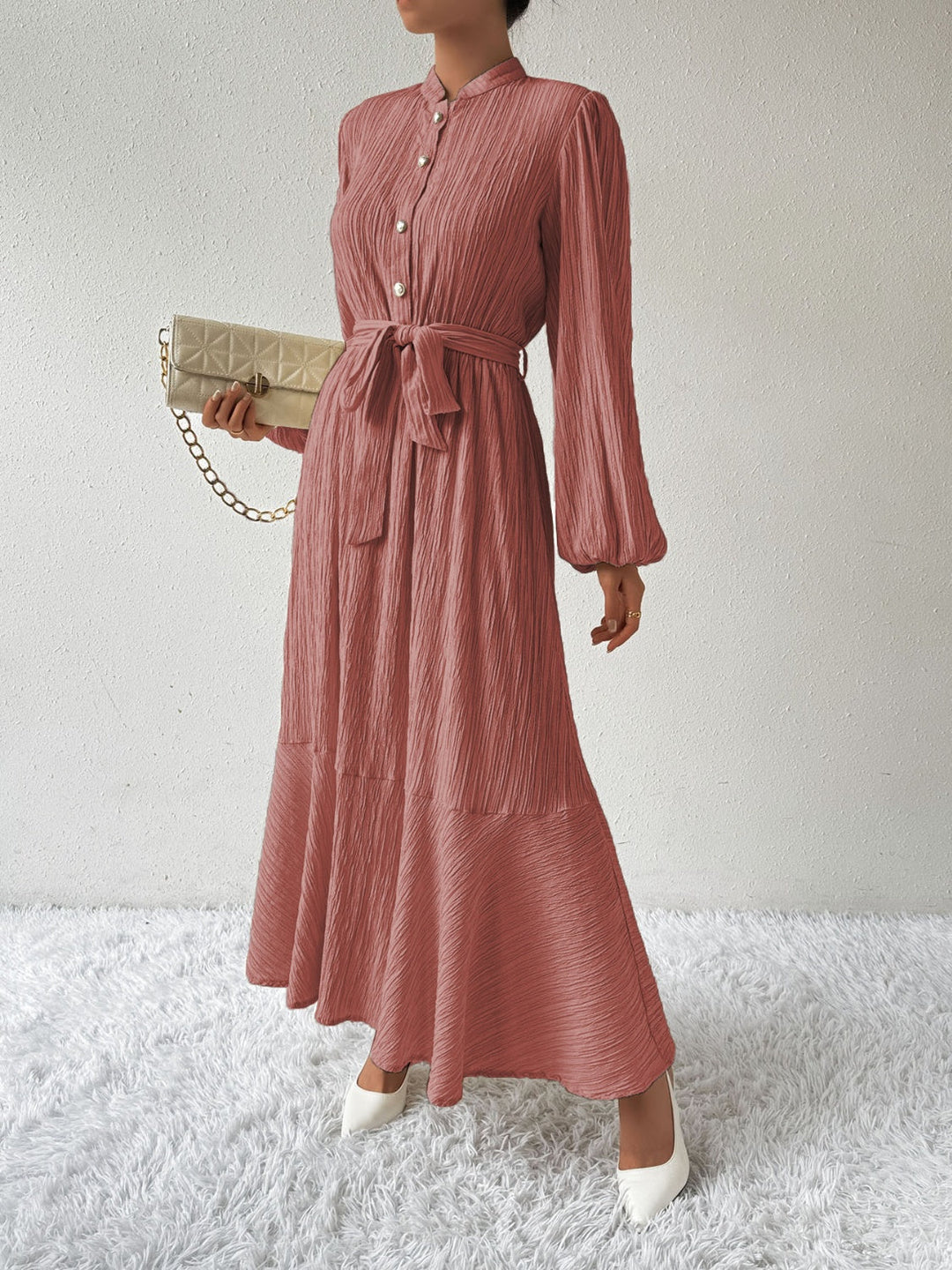 Women's Maxi Dress - Pleated Texture - Long Sleeve High Neck - Waist Tie Elegant Fit