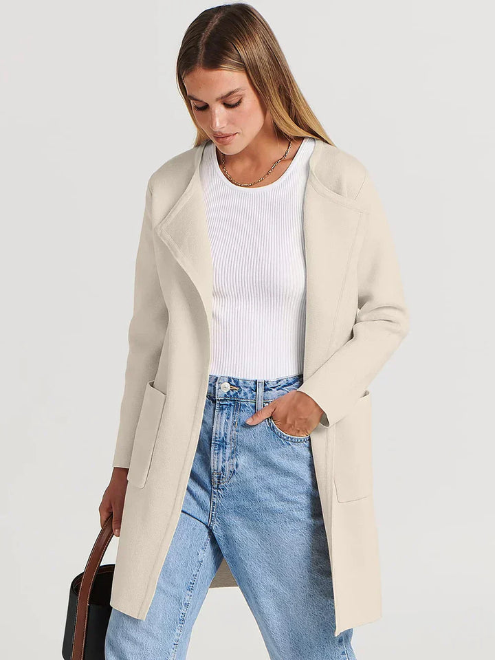 Women’s Knee-Length Coat - Wool Blend - Relaxed Fit - Wide Lapel Minimalist Design