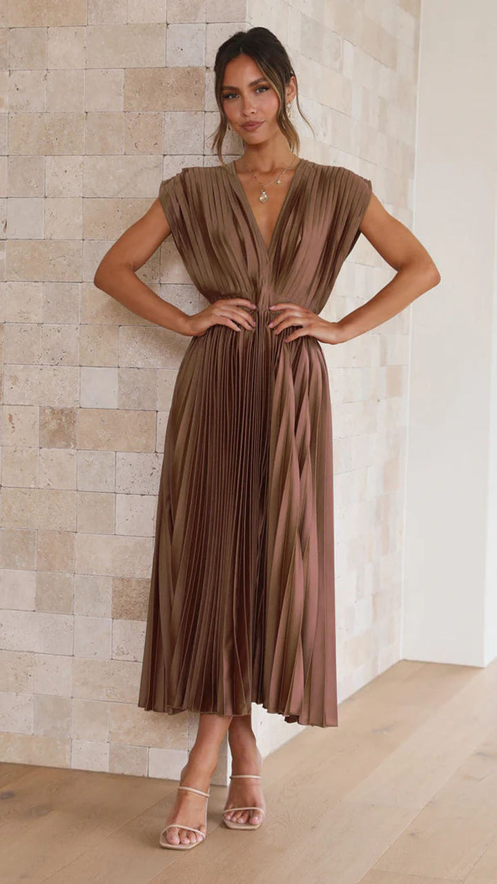 Women's Midi Dress - Deep V-Neck - Pleated Design - Cap Sleeves - Elegant Fit