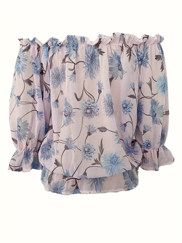 Women’s Off-Shoulder Blouse – Floral Print – Long Puff Sleeve – Tie Front – Casual Fit