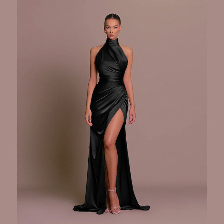 Women's Evening Gown - Halter Neck - Silky Fabric - Fitted Bodice - High Slit Elegant Dress