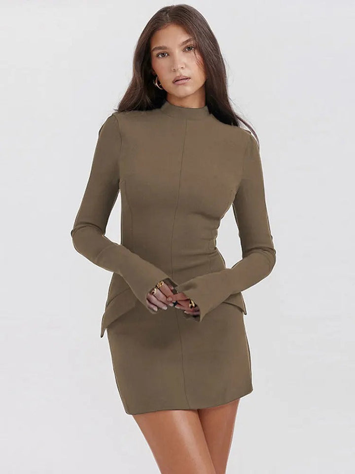 Women's Mini Dress - Tailored Fit - Long Sleeve Bell Cuffs - High Neck Elegant Style