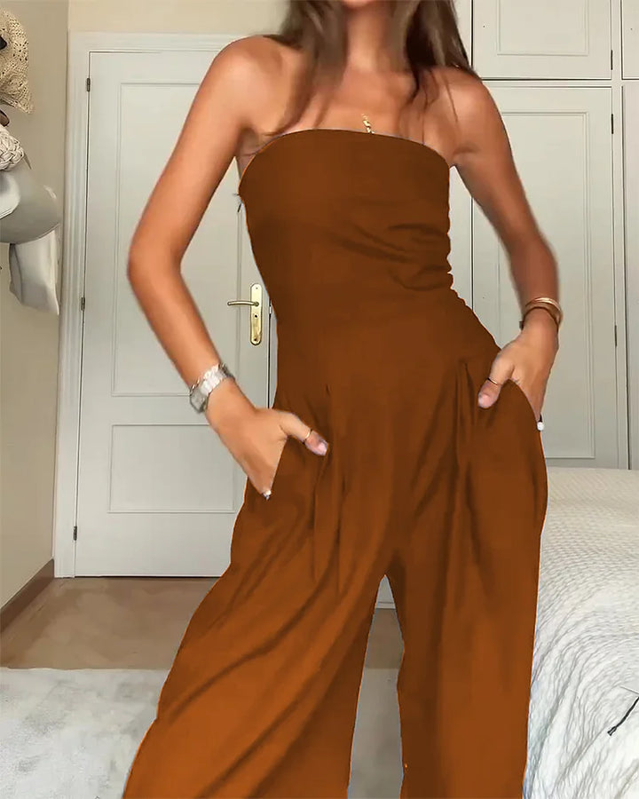 Women's Strapless Jumpsuit - Fitted Bodice - Wide-Leg - Lightweight Casual Wear