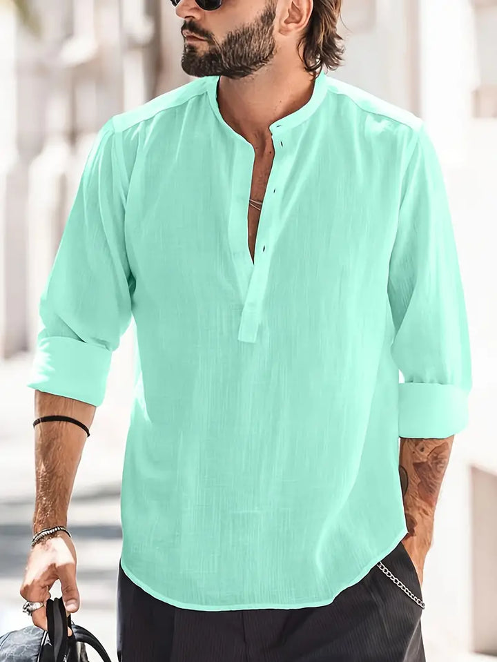 Men’s Long Sleeve Shirt - Relaxed Fit - Breathable Blend - Mandarin Collar Casual Style