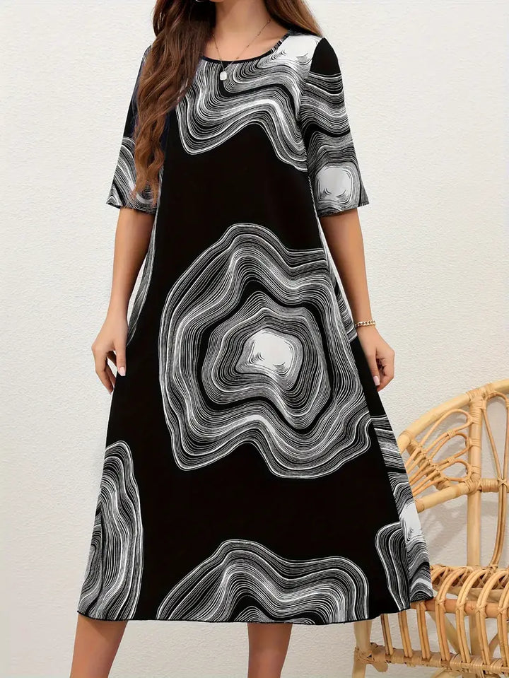 Women's Midi Dress - Abstract Pattern - A-Line Relaxed Fit - Half Sleeve Round Neck