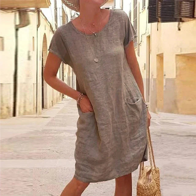 Women’s Midi Dress – Natural Fibers – Relaxed Fit – Knee Length – Short Sleeve – With Pockets