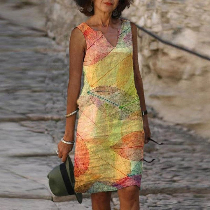 Women’s Knee-Length Dress - Breathable Blend - Relaxed Fit - Sleeveless V-Neck Casual Style