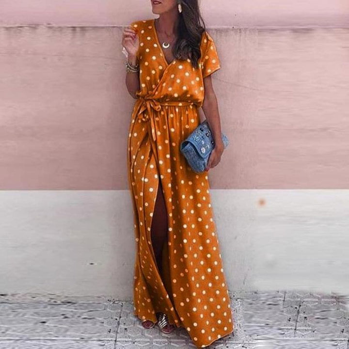 Women’s Maxi Dress - Wrap Style - Flowy Fit - V-Neck - Belted Waist - Slit Hem - Polka Dot