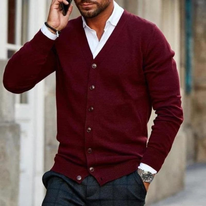 Men's Cardigan - Soft Knit - V-Neck - Button Front - Regular Fit - Ribbed Hem & Cuffs