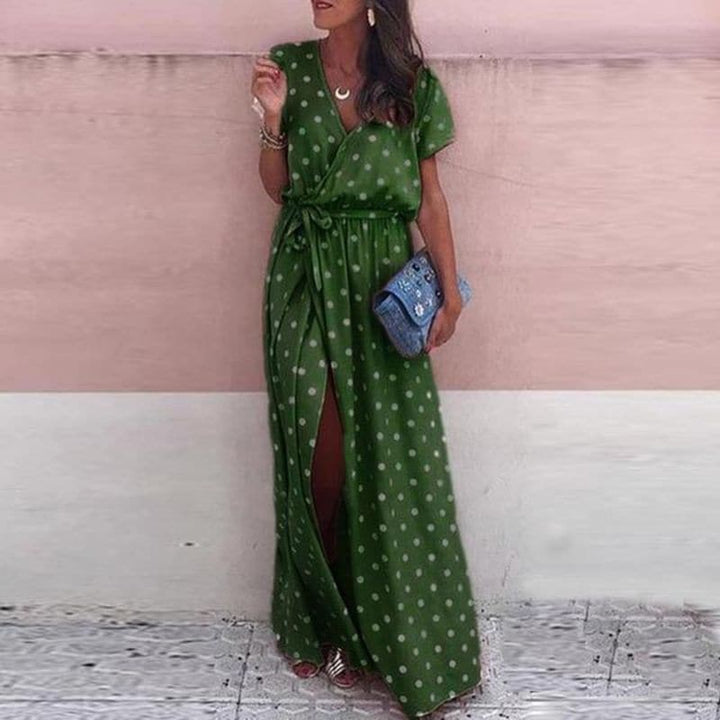 Women’s Maxi Dress - Wrap Style - Flowy Fit - V-Neck - Belted Waist - Slit Hem - Polka Dot