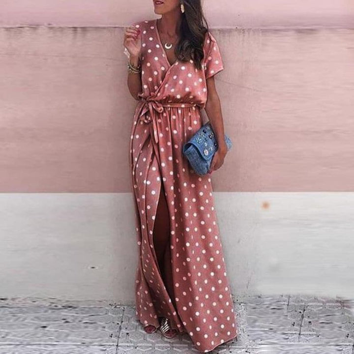 Women’s Maxi Dress - Wrap Style - Flowy Fit - V-Neck - Belted Waist - Slit Hem - Polka Dot