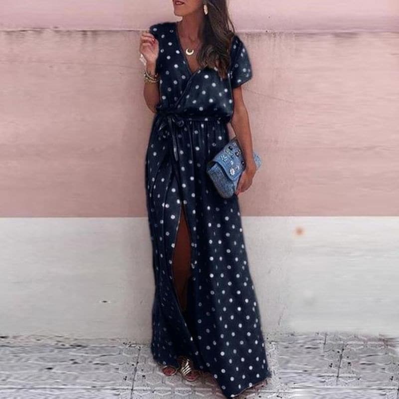 Women’s Maxi Dress - Wrap Style - Flowy Fit - V-Neck - Belted Waist - Slit Hem - Polka Dot