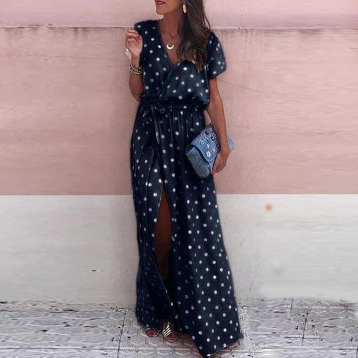 Women’s Maxi Dress - Wrap Style - Flowy Fit - V-Neck - Belted Waist - Slit Hem - Polka Dot