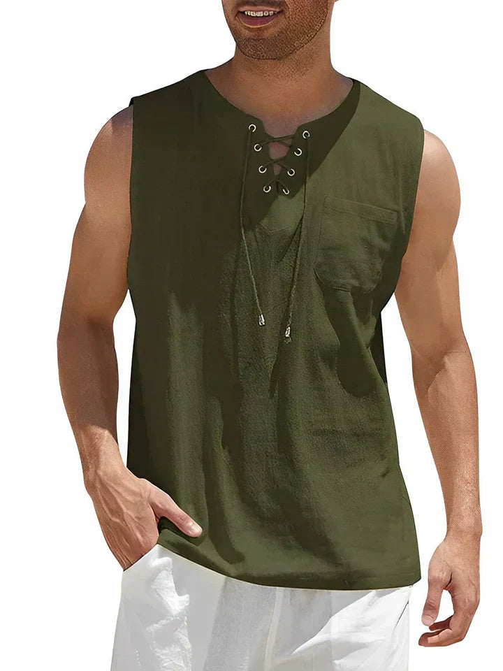 Men’s Tank Top – Relaxed Fit – Lace-Up Front – Chest Pocket – Breathable Blend