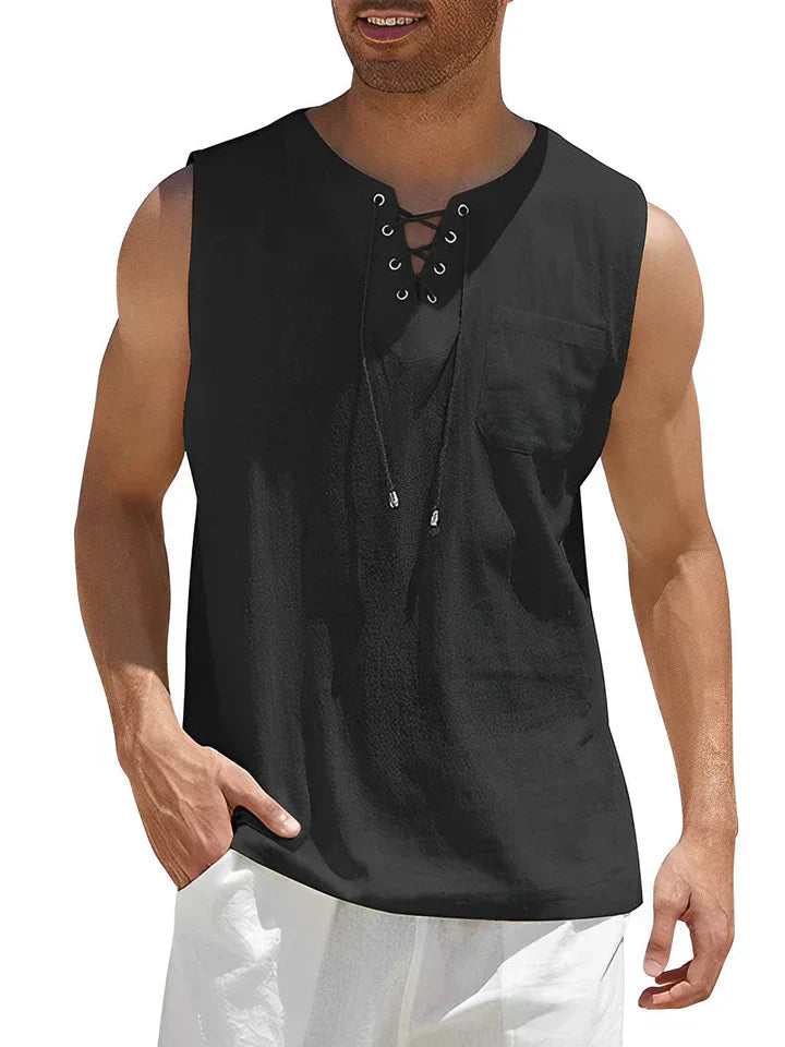 Men’s Tank Top – Relaxed Fit – Lace-Up Front – Chest Pocket – Breathable Blend