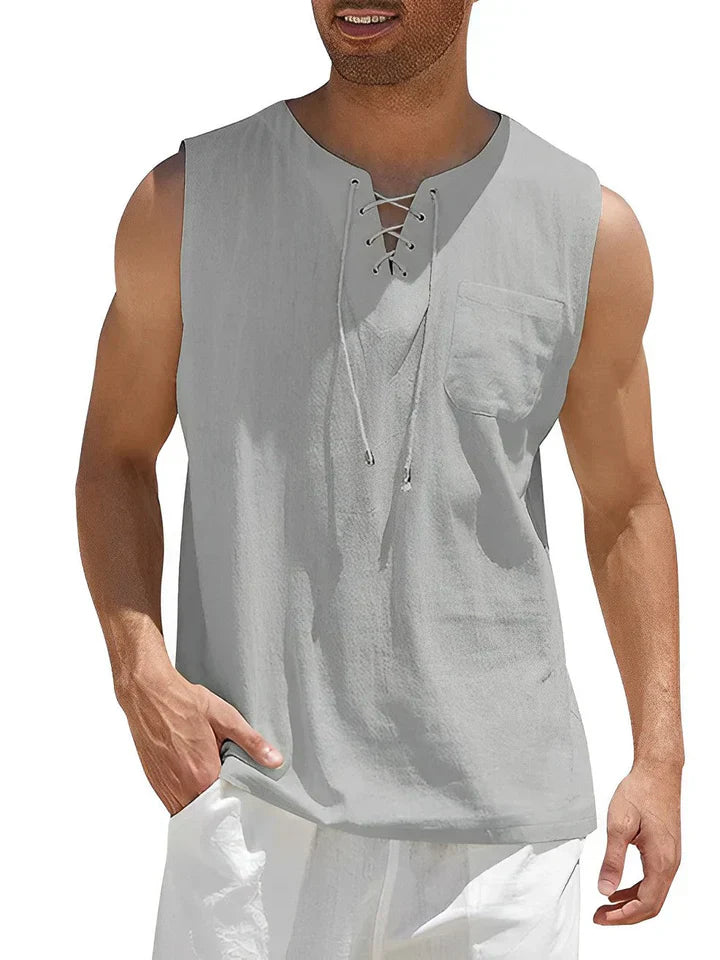Men’s Tank Top – Relaxed Fit – Lace-Up Front – Chest Pocket – Breathable Blend