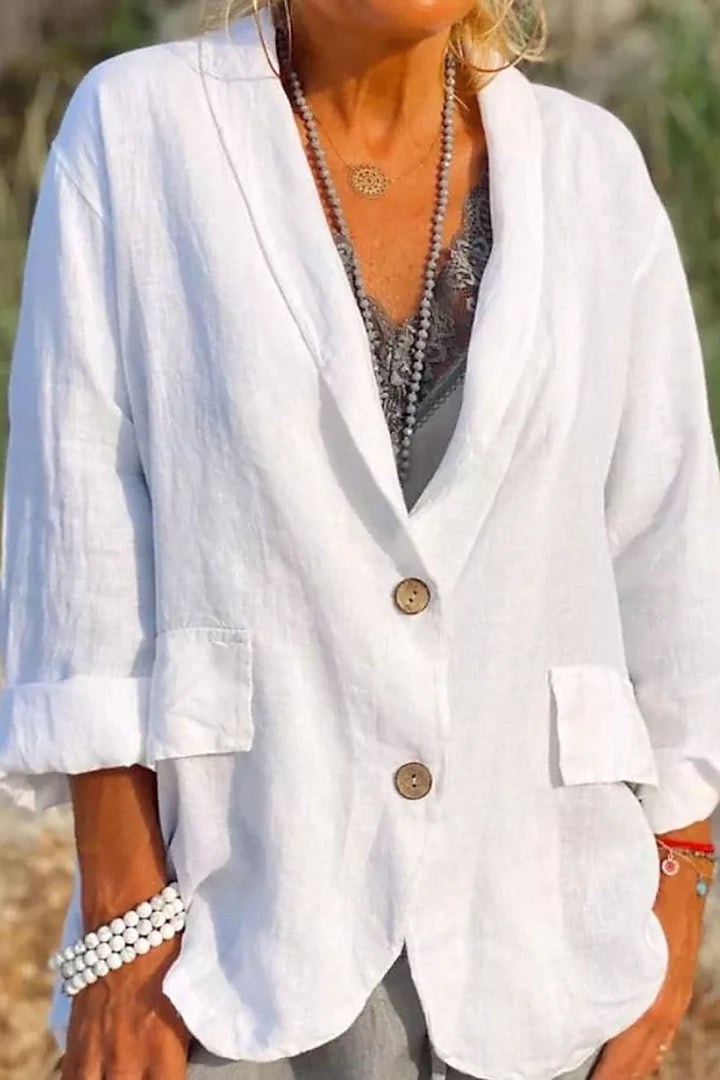 Women’s Jacket – Relaxed Fit – V-Neck – 3/4 Sleeve – Button Front – Flap Pockets – Natural Fibers