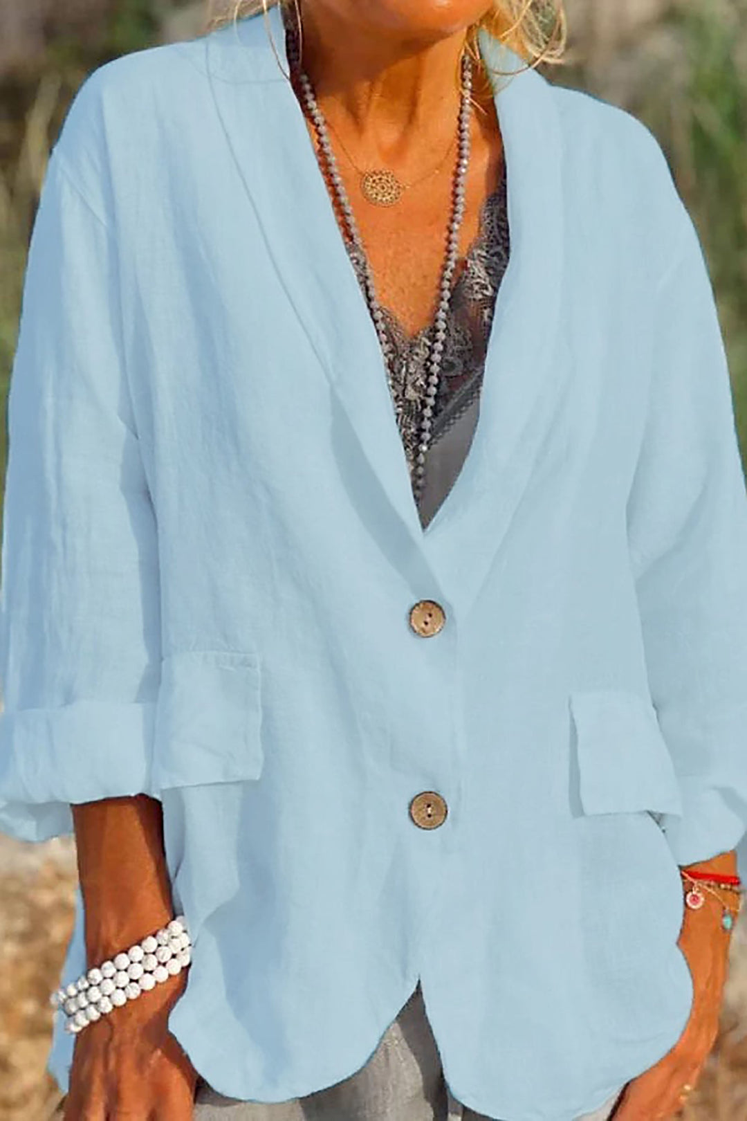 Women’s Jacket – Relaxed Fit – V-Neck – 3/4 Sleeve – Button Front – Flap Pockets – Natural Fibers