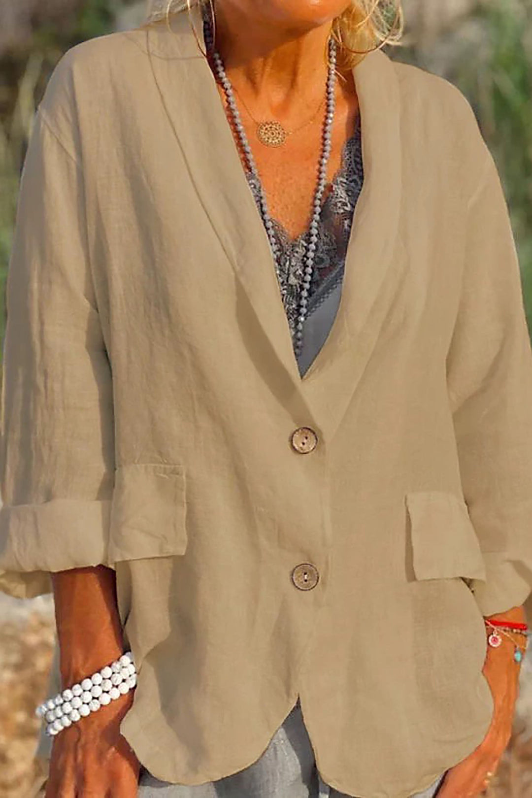 Women’s Jacket – Relaxed Fit – V-Neck – 3/4 Sleeve – Button Front – Flap Pockets – Natural Fibers
