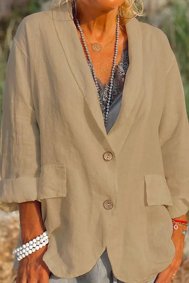 Women’s Jacket – Relaxed Fit – V-Neck – 3/4 Sleeve – Button Front – Flap Pockets – Natural Fibers