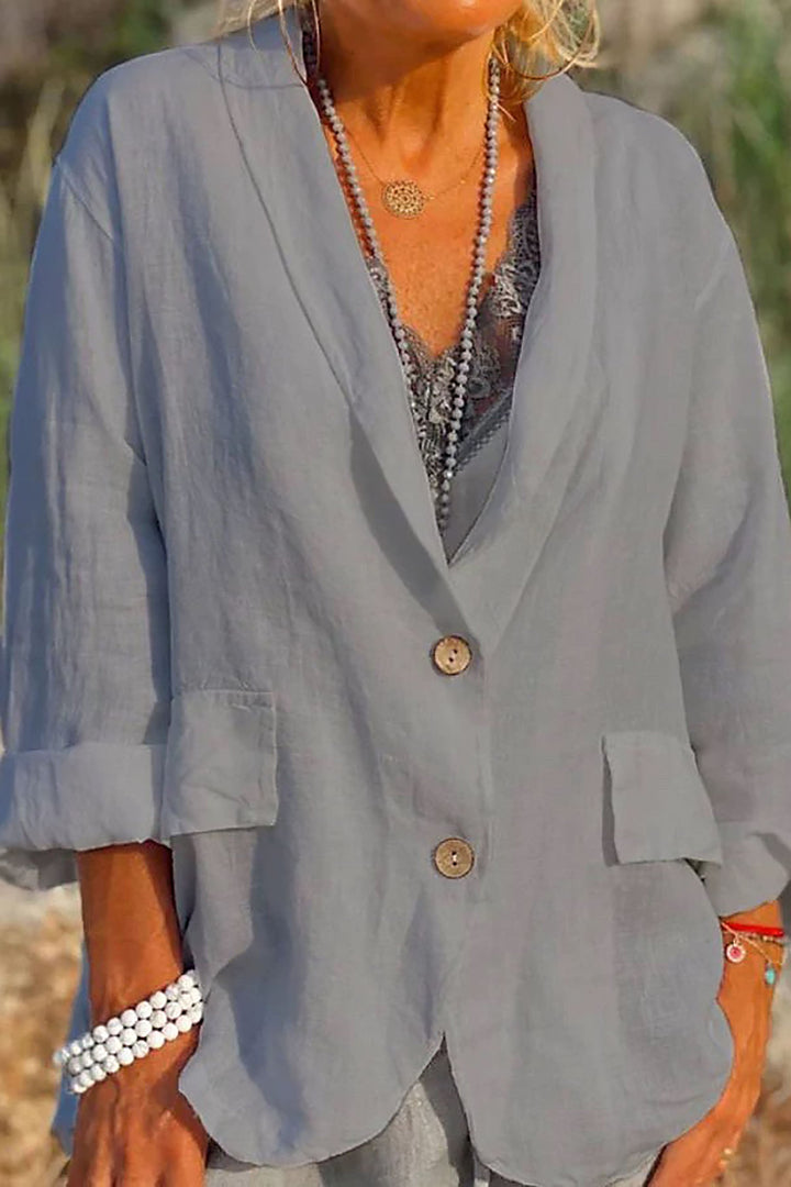 Women’s Jacket – Relaxed Fit – V-Neck – 3/4 Sleeve – Button Front – Flap Pockets – Natural Fibers