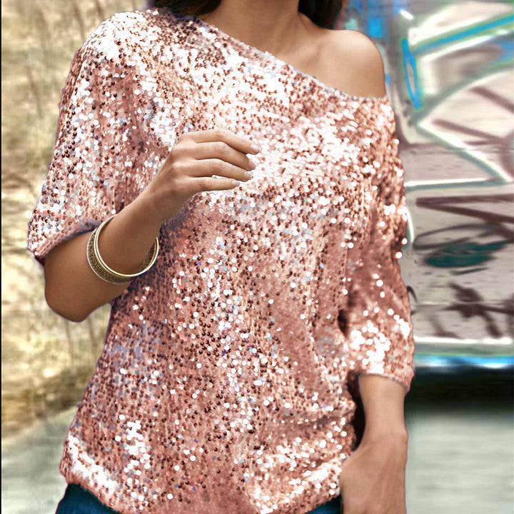 Women’s Sequin Top – Off Shoulder – Relaxed Fit – Mid Sleeve – Party Casual Style