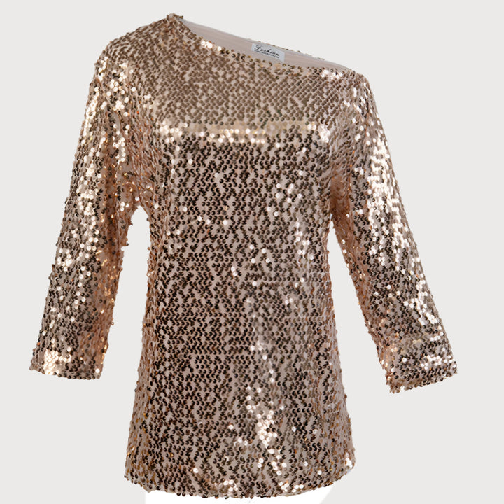 Women’s Sequin Top – Off Shoulder – Relaxed Fit – Mid Sleeve – Party Casual Style