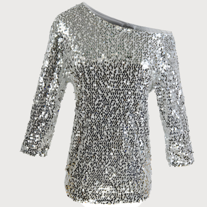 Women’s Sequin Top – Off Shoulder – Relaxed Fit – Mid Sleeve – Party Casual Style
