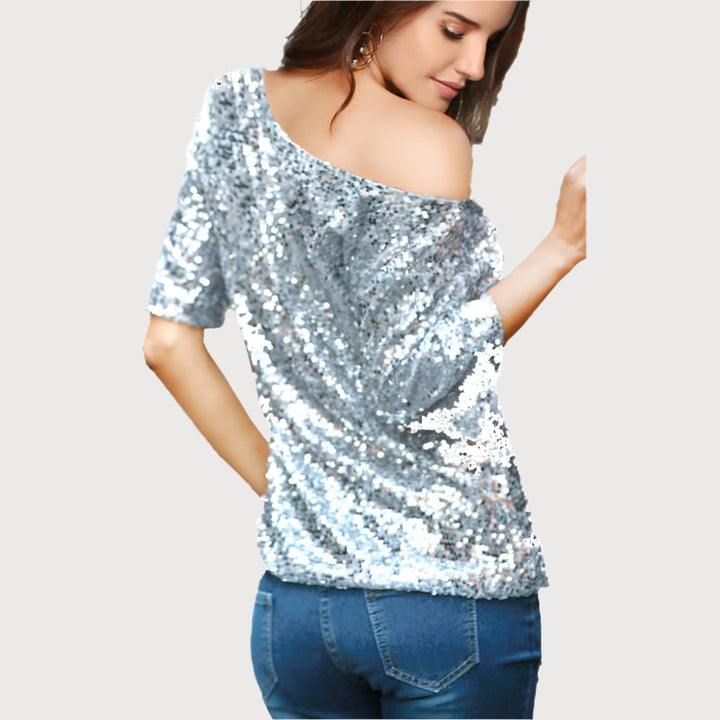 Women’s Sequin Top – Off Shoulder – Relaxed Fit – Mid Sleeve – Party Casual Style