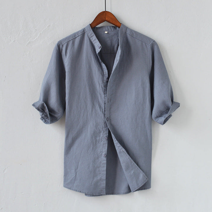 Men’s Short Sleeve Shirt - Linen Cotton Blend - Relaxed Fit - Mandarin Collar Casual Wear