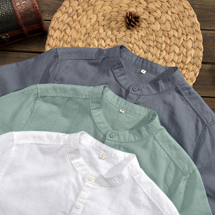 Men’s Short Sleeve Shirt - Linen Cotton Blend - Relaxed Fit - Mandarin Collar Casual Wear