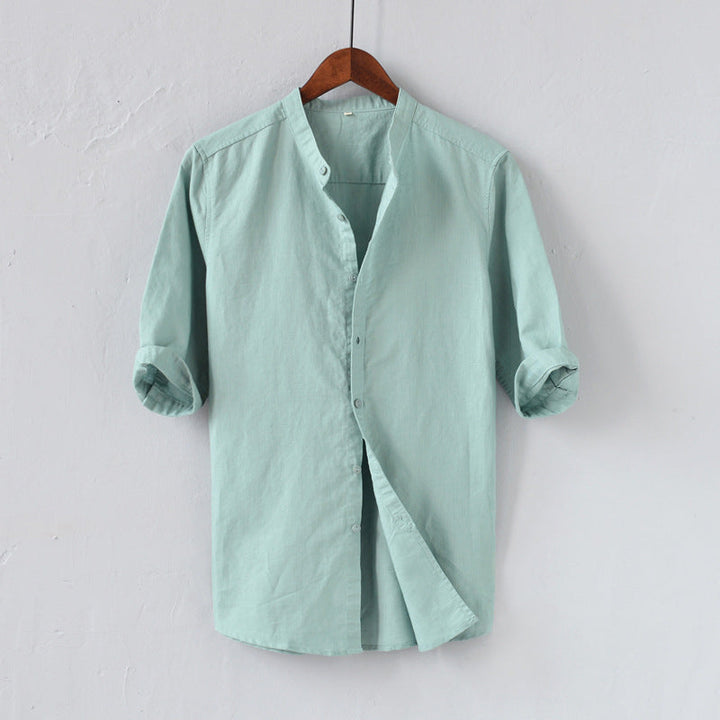 Men’s Short Sleeve Shirt - Linen Cotton Blend - Relaxed Fit - Mandarin Collar Casual Wear