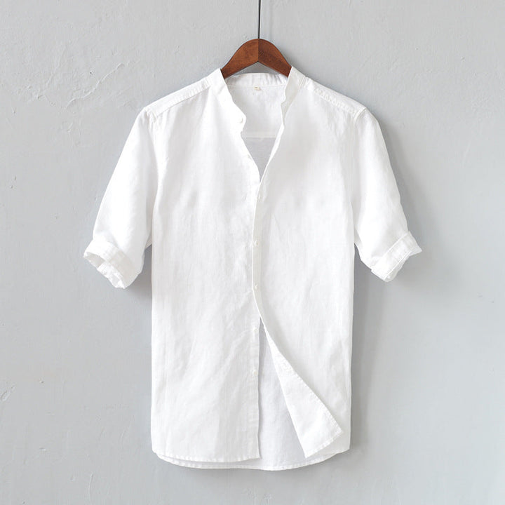 Men’s Short Sleeve Shirt - Linen Cotton Blend - Relaxed Fit - Mandarin Collar Casual Wear