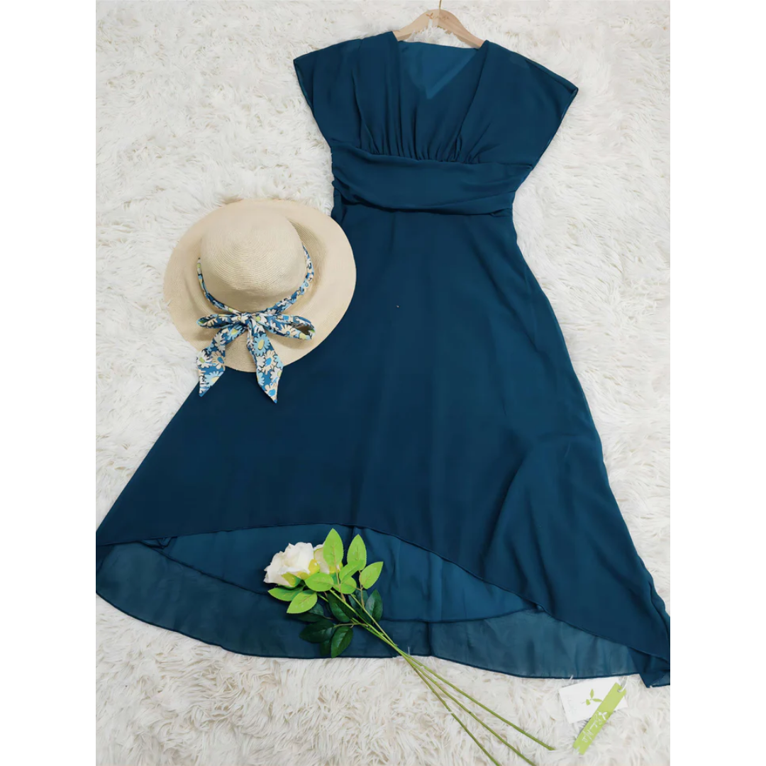 Women’s Midi Dress – Fit and Flare – V-Neck – Flutter Sleeve – Layered Hem – Breathable Fabric