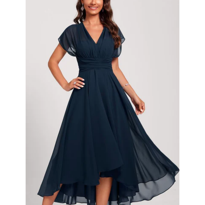 Women’s Midi Dress – Fit and Flare – V-Neck – Flutter Sleeve – Layered Hem – Breathable Fabric