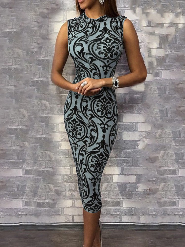 Women's Sleeveless Bodycon Dress - Baroque Print - Knee-Length - Elegant Evening Wear