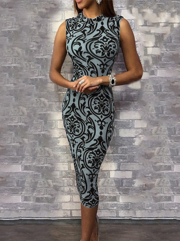 Women's Sleeveless Bodycon Dress - Baroque Print - Knee-Length - Elegant Evening Wear