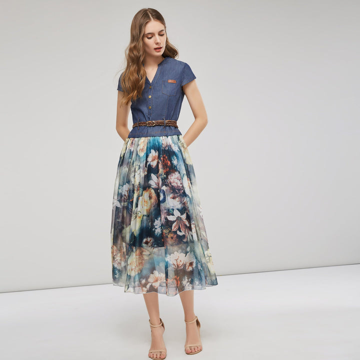 Women’s Maxi Dress – Flowing Fit – V-Neck – Button Front – Braided Waist – Breathable Blend