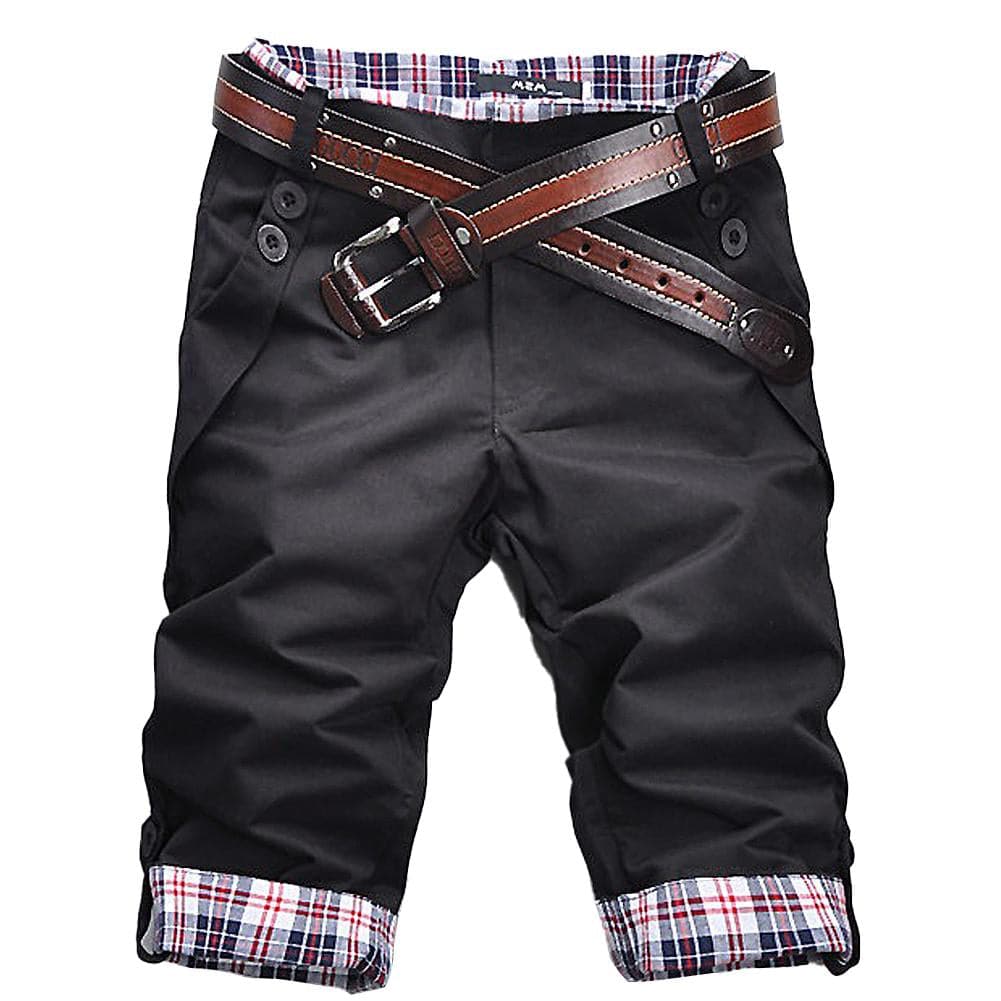 Men’s Cropped Pants – Relaxed Fit – Belted Waist – Plaid Cuff Detail